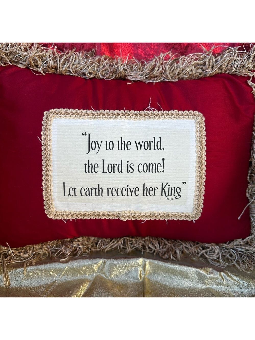 Vintage Red Holiday Pillow w/Gold Fringe ‘Joy to the World, the Lord is come!’